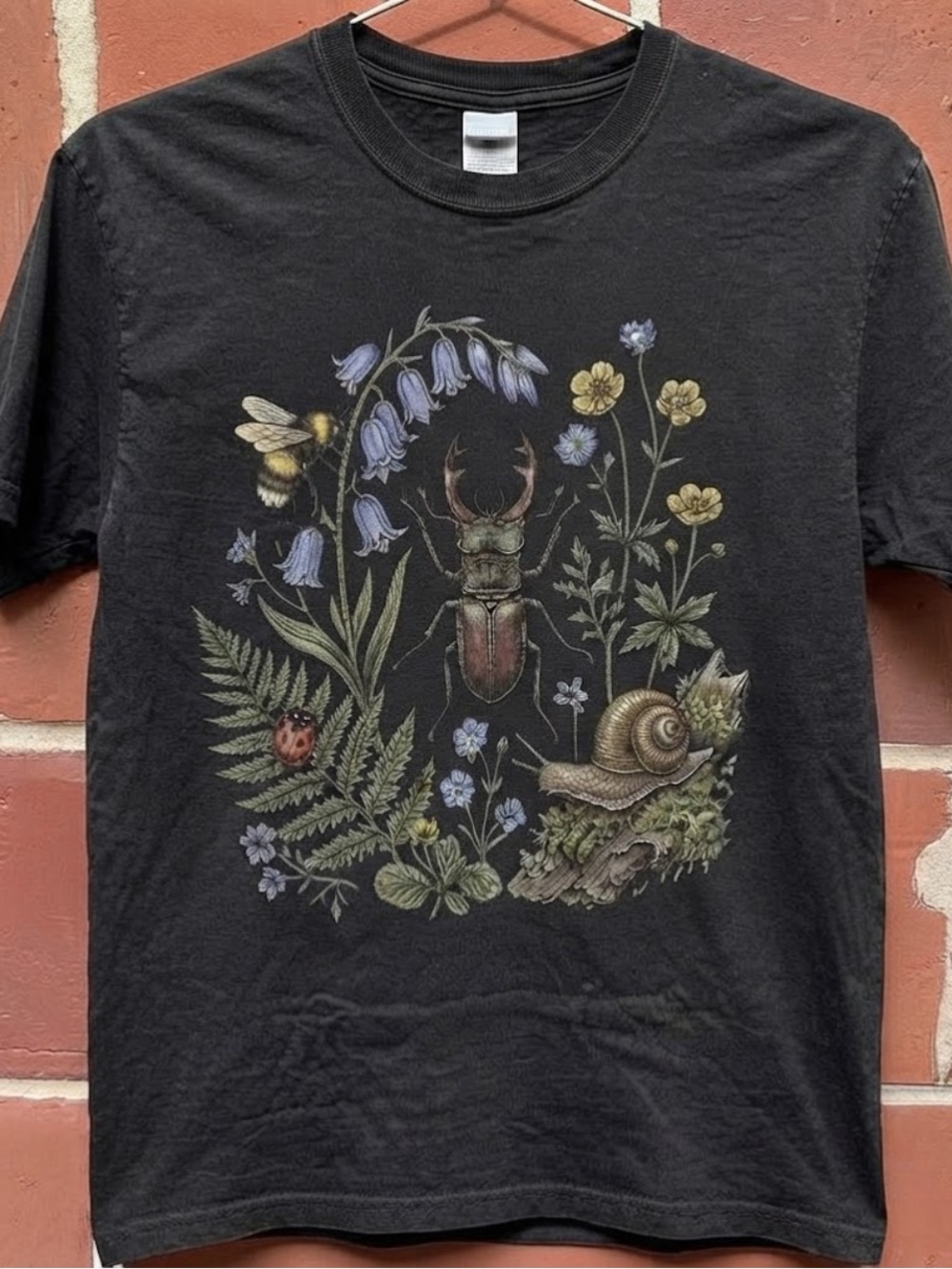 Gildan Black Short-Sleeve Tee with Botanical Insects Graphic